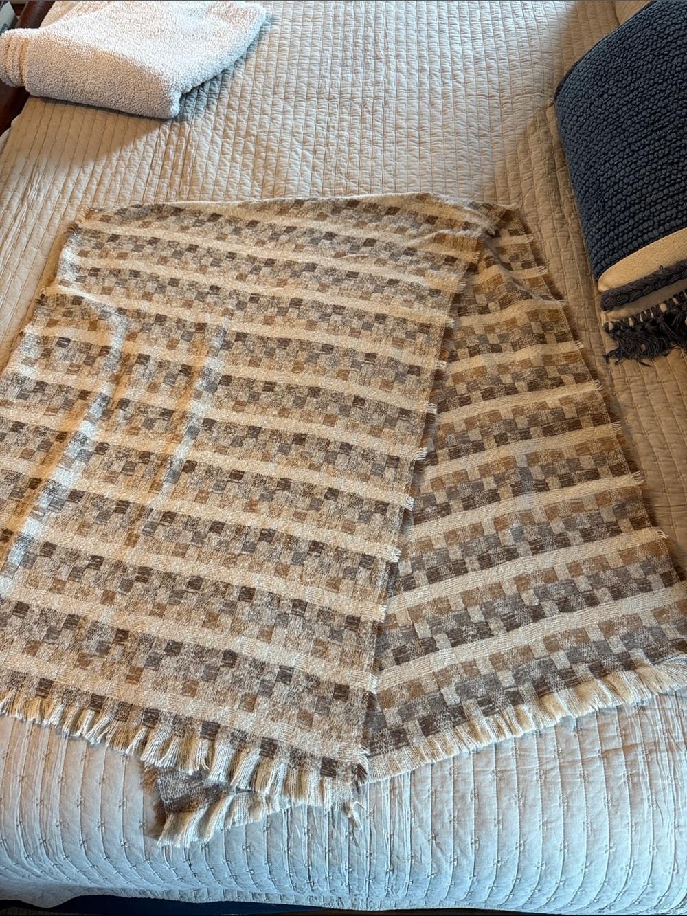 Neutral Checkered large Fringe scarf - Beige and Brown.